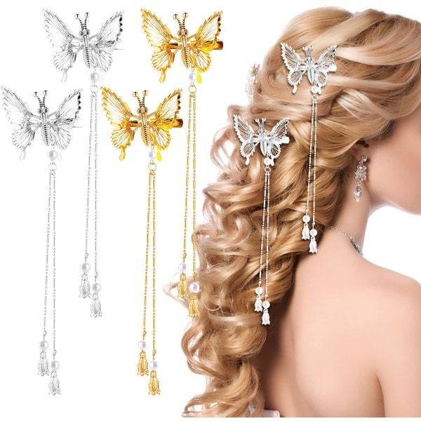 4 stk. (guld + sølv) Sommerfugl hårklemmer pins, legering glitter B
