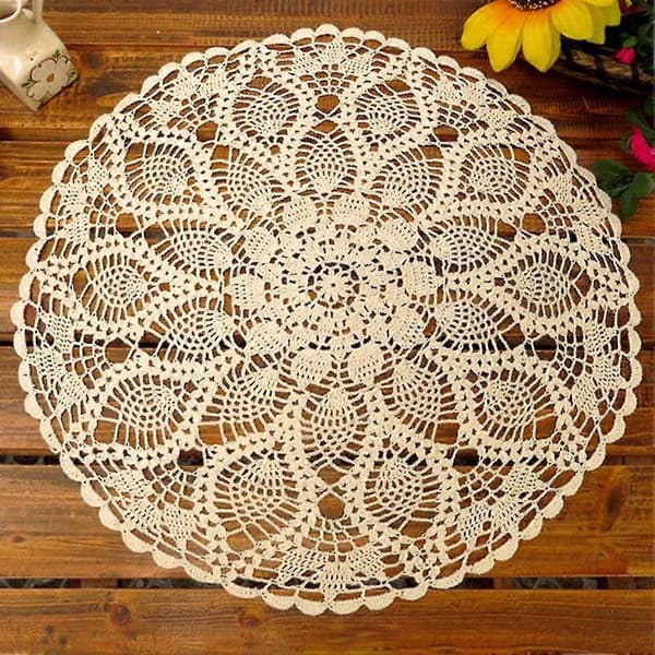 60cm Handvirkad Rund Spetsduk i Bomull, Ihålig, Bordsduk Beige 60cm
