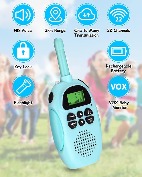 2-pak Walkie Talkies til børn, 22 kanaler LCD-display