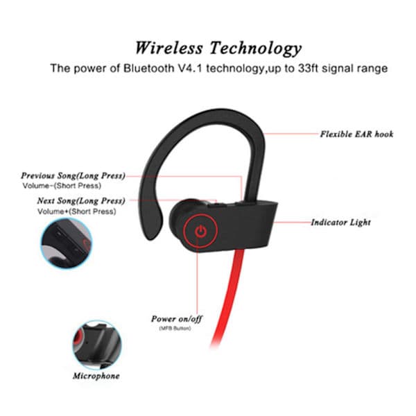 Bluetooth-hörlurar, IPX7 vattentäta sportlurar, 8