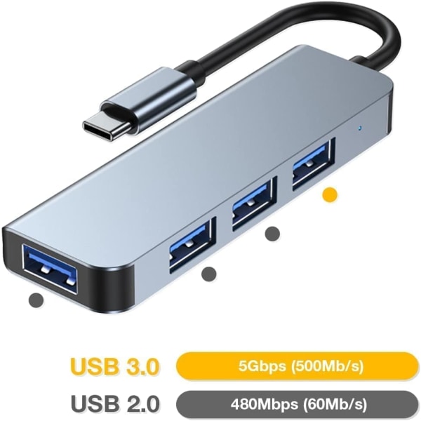USB C Hub, 4-ports Multiple USB C Hub, USB 3.0, USB 2.0 Hub, Slank bærbar USB Type C splitter, kompatibel med overflate, XPS, HP, bærbar PC, stasjonær, mer