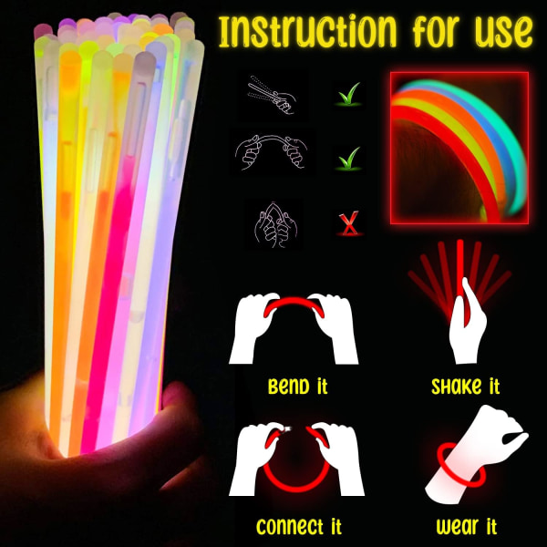 100 stk Premium Glow Sticks Party Pack Farget Glow In The Dark Light Sticks for å lage Neon Halskjede Glødende Armbånd Pannebånd Vernebriller Festrekvisita