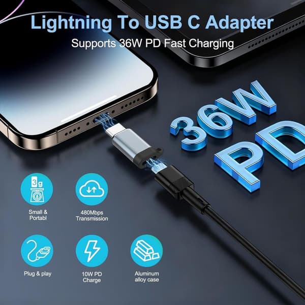 3-pack Lightning hona till USB-C-adapter, 36W snabbladdning och datasynkronisering för iPhone 15/16-serien, stöder inte ljud, OTG och 1:a generationens Apple Pencil