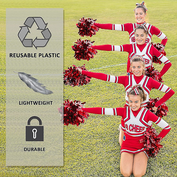 12 stk Cheerleading Pom Poms for Barn, Metallisk Folie & Plast Ring Cheer Pom Poms for Gutter Large Red Gold