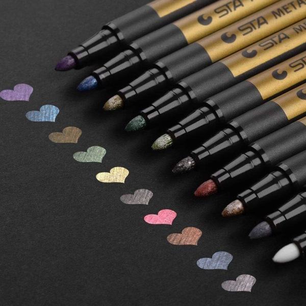 Premium Metallic Marker Pens, Set med 10 olika färger Målarpenna för Scrapbooking Hantverk, Konst Stenmålning, Korttillverkning, Metall 10 olika färger