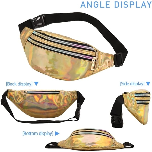 2 kpl Holograafisia Fanny Packseja, Iridescent Fanny Pack, Kiiltävä Vyölaukku Vedenpitävä Urheiluun, Matkustamiseen Gold,silver