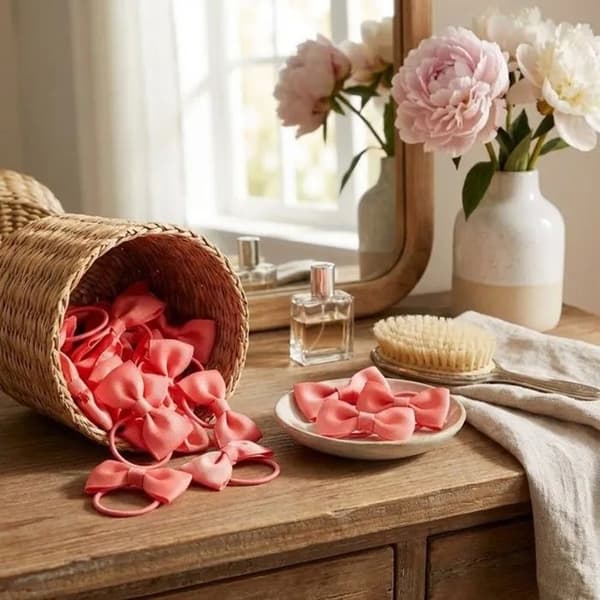 Hårelastiker med ribbad rosett, 20-pack, korallrosa, Hårsnoddar för hästsvansar och flätor