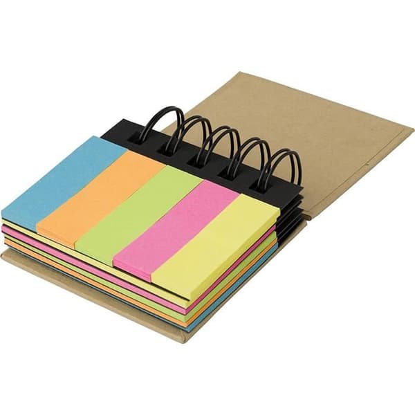 Sæt med 2 mini spiralindbundne notebøger lavet af genanvendelige materialer med sticky notes i 5 farver