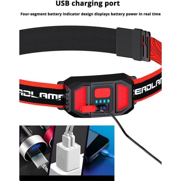 Hodelykt USB Oppladbar Ultra Lys Sterk Bred COB Hodelykt, 210° Sterkt Rødt Lys Hodelykt, 3 Lysmoduser