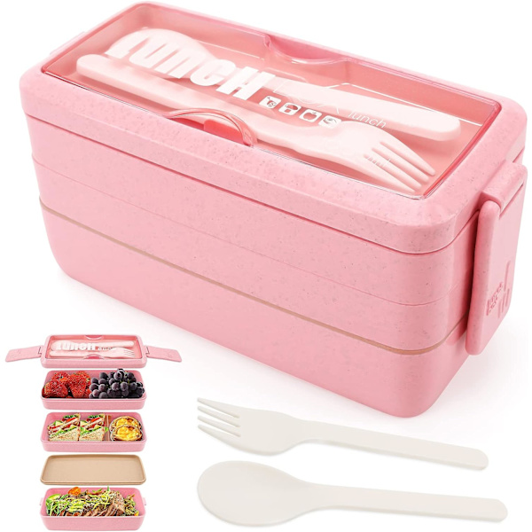 3-lags matboks Bento-boks for voksne, 4-i-1 måltidsforberedelsesbeholder med gaffel og skje, 1000 ml matbeholder for menn kvinner student skolekontor.