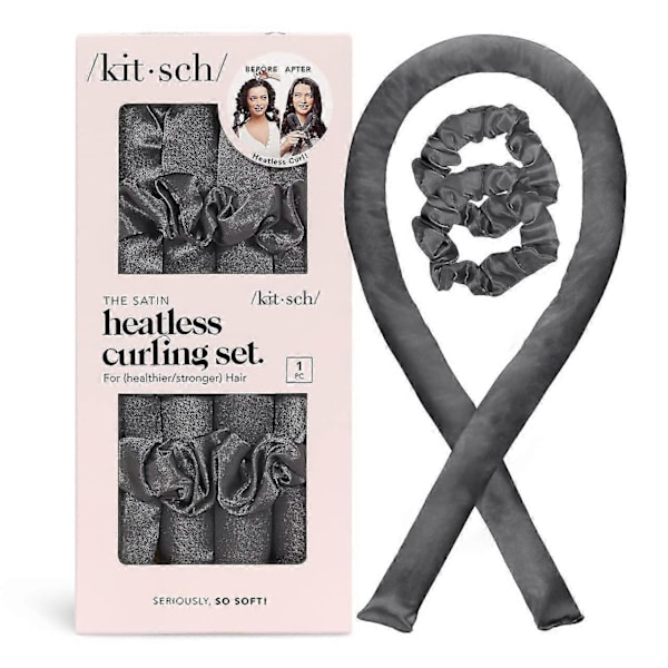 Kitsch Satin Heatless Curling Set - Hårruller til varmefrie krøller | Varmefrie hårruller & varmevalser | Hårruller til at sove i | Varmefrie krøller Charcoal