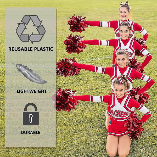 12 stk. cheerleading-pomponger for barn, metallfolie og plastring-cheer-pomponger for gutter Large Red Silver