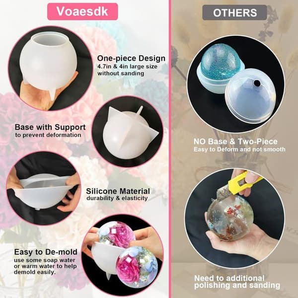 Sæt med 2 store kugleformede harpiksforme, 11,9 cm og 10,2 cm, sømløse forme til stearinlysfremstilling