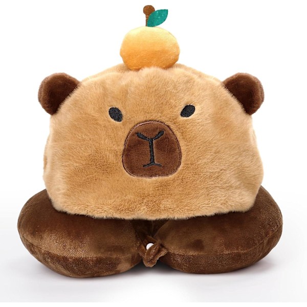 Capybara U-formad Resepillow med Huva, Nacke Stöd Plush Pillow, Huvad Sovtillbehör Nacke Hakstöd Fylld Djur Kudde för Flygplan