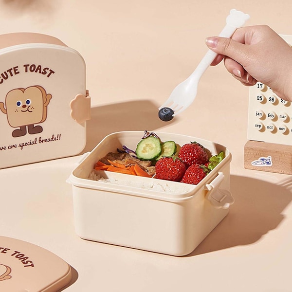 1 Set Lunchlåda Läcksäker 3 Fack Lunchlåda med Bestick Tecknad Toast Mönster Studenter Bento Låda