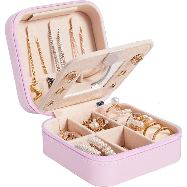 Mini portabel smyckeskrin, case, läder dubbla lager smyckeskrin med spegel, smyckeskrin flickor kvinnor (rosa)