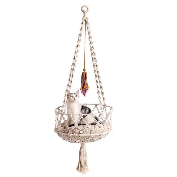 Hengekøye for katt i makrame-design, beige 30cm