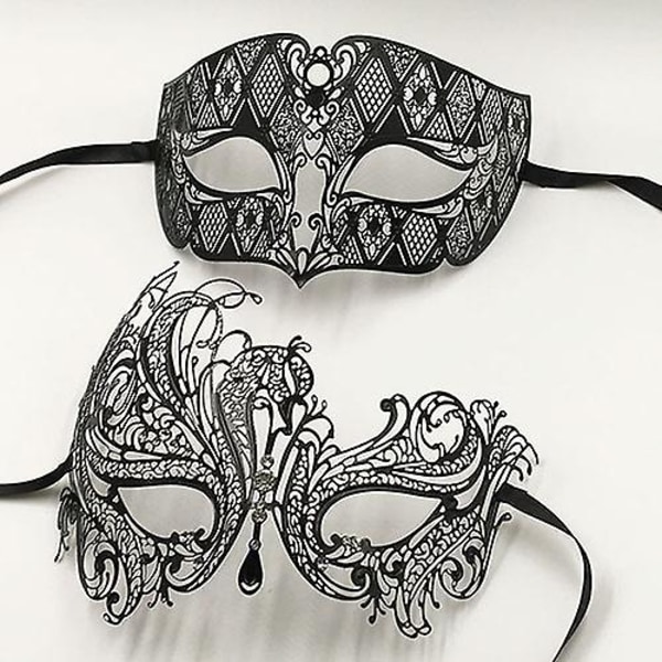 Svart Sølv Gull Metall Filigran Laser Kutt Par Venetiansk Festmaske Bryllup Ball Maske Halloween Maskerade Kostyme Maskersett Black Clear Diamond