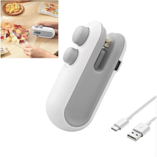 Mini Poseforsegler, USB-C Genopladelig Poseforsegler, 2 i 1 Poseforsegler Varmestempling med Klips og Magnet, Mini Poseforsegler, Hvid
