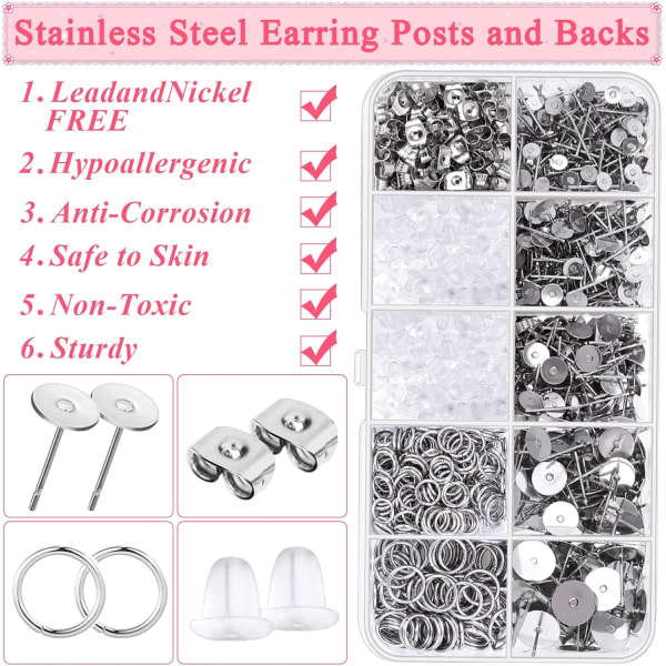 Hypoallergene ørestikker og bagsider, 1650 stk. rustfrit stål øreringe sæt, til DIY smykkefremstilling