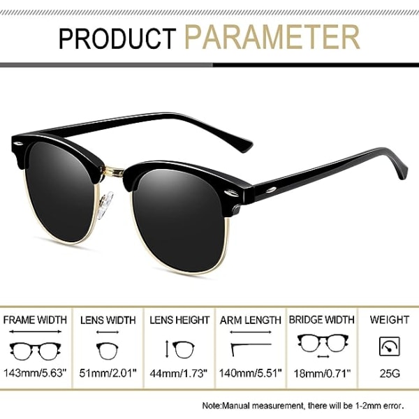 Semi-Rimless Polarized Solbriller Mann - UV400 Beskyttelse Retro Half Frame Solbriller Unisex Polarized Herre Solbriller for kvinner