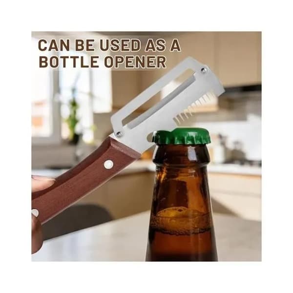 Grønnsaksskreller - 3-i-1 - Skarpt blad i rustfritt stål - Ergonomisk trehåndtak - Flaskeåpner og rivjern
