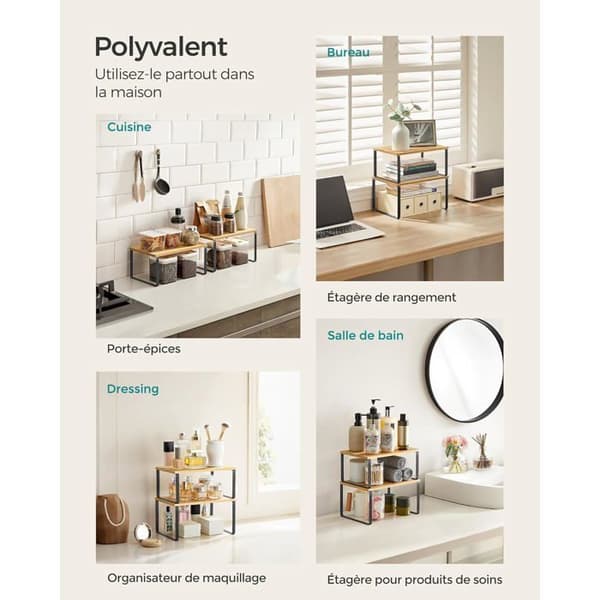 Udvidelsesbar 2-i-1 krydderiorganisator. Stabelbart design til skabsopbevaring, maksimal pladsbesparelse. Elegant sort/beige farve.