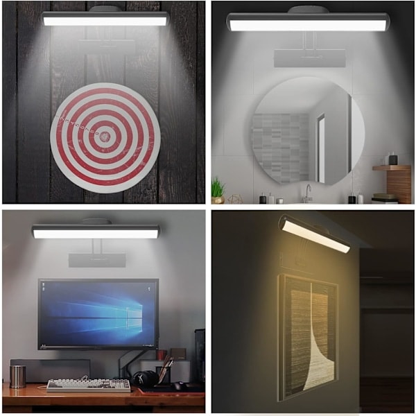 Fjernbetjening Vægskinne, Trådløs LED Billedelys, Roterende LED Lyshoved med Timer, 180° Drejelig Arm Billedelys, Sort, 32cm