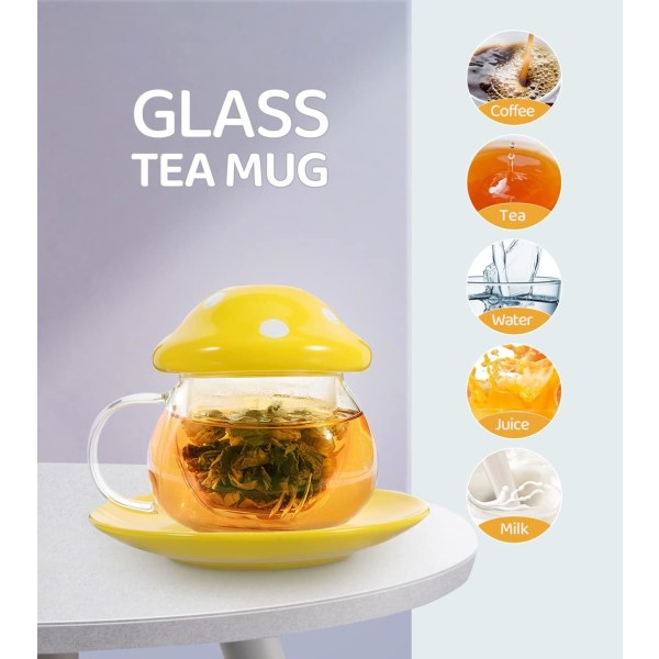Sienimuki, teekuppi hauduttimella, lasiset kahvikupit, lasialusella. Kupin kansi. Teesiivilä, 290 ml (keltainen)