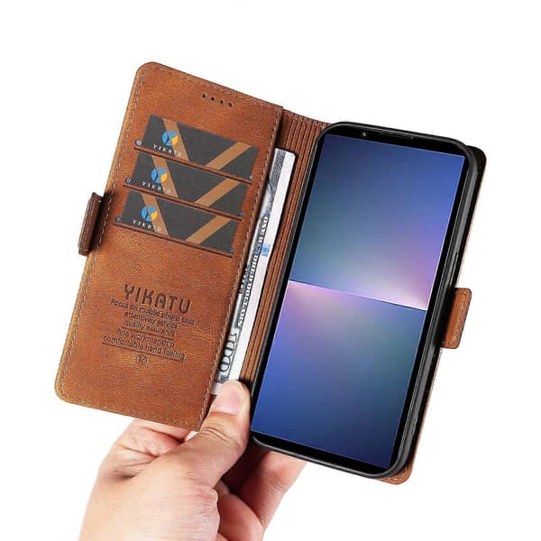Læder telefoncover med foldbart stativ og pung til Sony Xperia 5 V Brown
