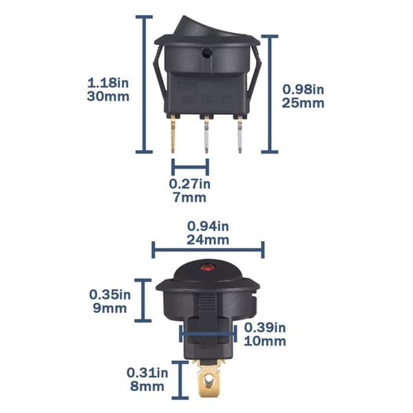 10 stk. 12V 20A Røde LED Indikatorlys Runde Vippekontakter 12 Volt ON/OFF 2 Positioner On/Off 3 Ben