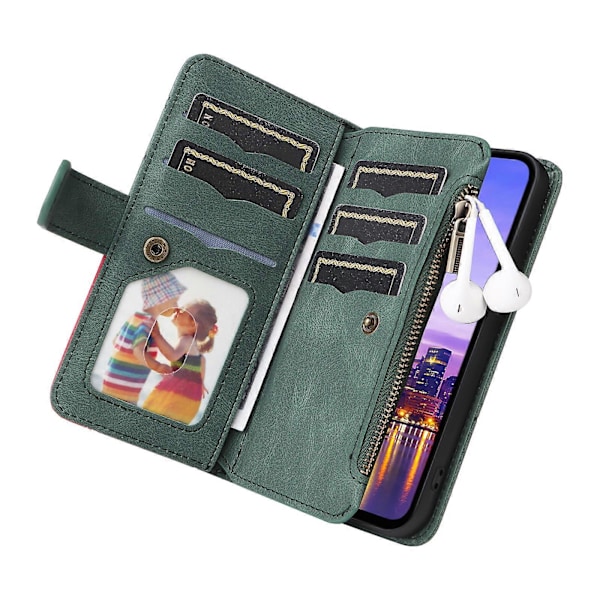 Multi-funktionelt Etui til Samsung Galaxy A16 Etui Lynlås Pung Læder Telefon Cover Stativ Green