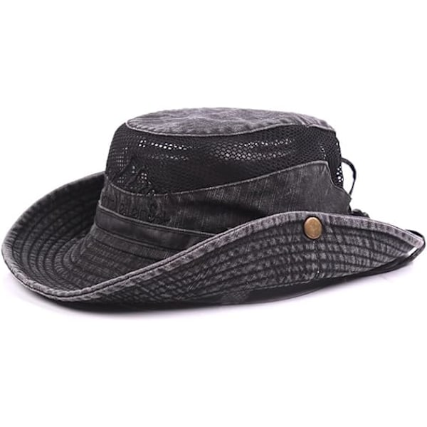 Bomulds Solhat UV Beskyttelse Sommerhatte Strandhat Safari Boonie Hat Foldbar Fiskehat med Åndbart Mesh og Justerbar Hagestrop Black