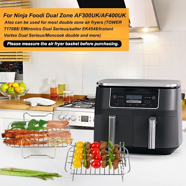 2 st Dehydratorställ med 4 spett, Air Fryer AF300UK AF400UK Tillbehör, Grillställ för Ninja/Salter/Instant/EMtronics Dubbel Låda Fritös