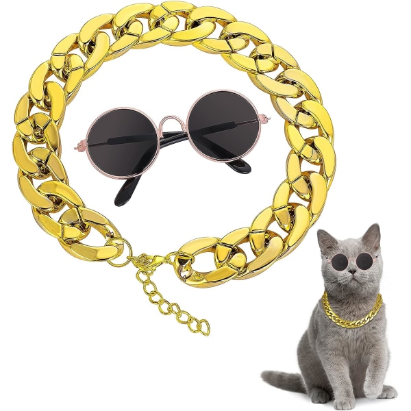 Katte solbriller Guldkæde kostume dekorationer- Kat UV beskyttelse Klassisk Retro Puppy Retro Sort Solbriller Faux Guld Justerbar Kæde Fotorekvisitter