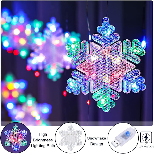 Jouluverhot valoilla, USB-LED-valoketju sisustukseen färgglad färgglad Schneeflocken - 3m