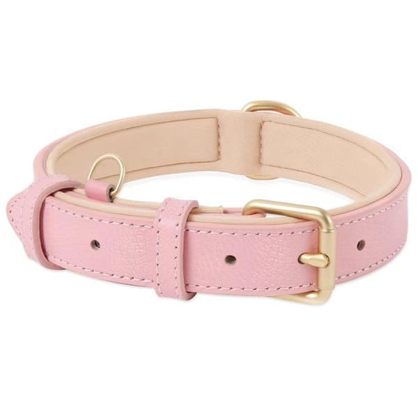 Hundehalsbånd, lavet af ægte læder, justerbart, med blød polstring, ny pink farve.