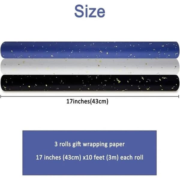 3 ruller bursdagsgavepapir - 43 cm x 3 m per rull - Blå, hvit og svart - Stor rull resirkulerbart papir
