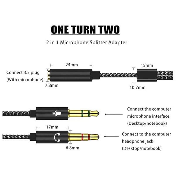 3,5 mm stereolydjackadapter, Y-splitteradapter for hodetelefoner og mikrofoner, for PC, PS4, Xbox One og datamaskiner - 0,5 m kabel