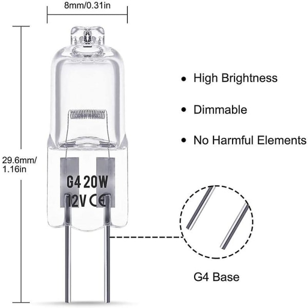 20 st G4 halogenlampa 20w Dc12v inomhushalogen G4 lampa kristall glödlampa