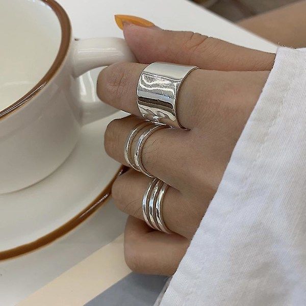 S925 Sterling Silver Ringar för Kvinnor Koreanska Cirkulära Ringar Flerskiktade Bred Ansiktsring Smycken