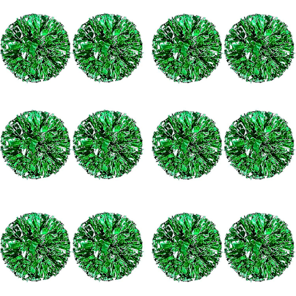 12 stk Cheerleading Pom Poms for Barn, Metallisk Folie & Plast Ring Cheer Pom Poms for Gutter Large Green