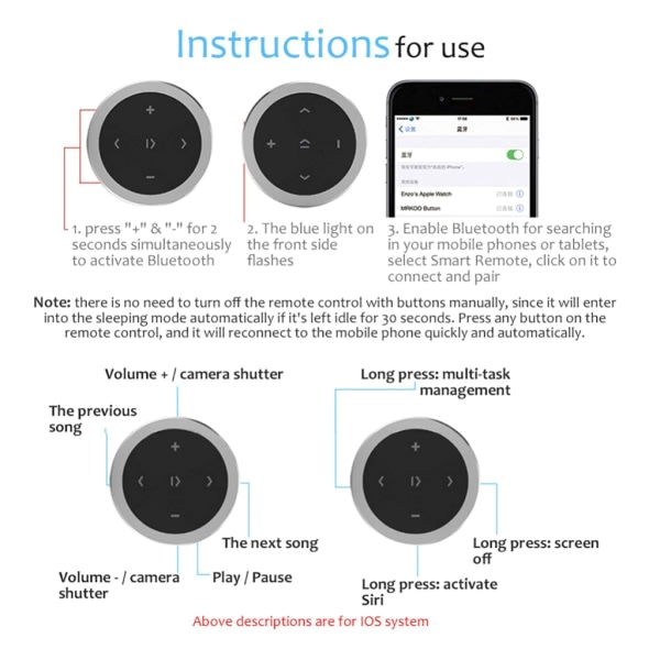 Fjärrkontroll för ratt, trådlös Bluetooth 3.0 mediaknapp, musikspelning, fjärrkontroll för IOS/Android