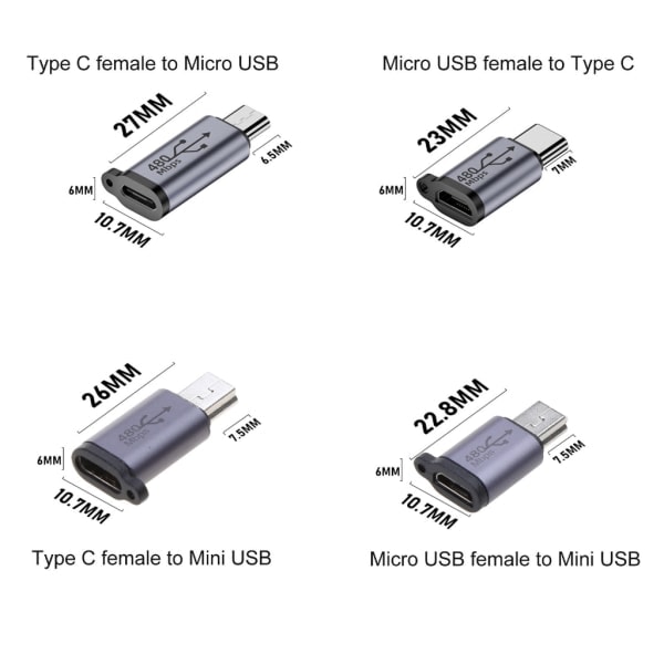 Usb-C til Micro USB-adapter Type-C hunn til micro USB hann-konverterplugg Micro til Mini USB Micro til Mini USB
