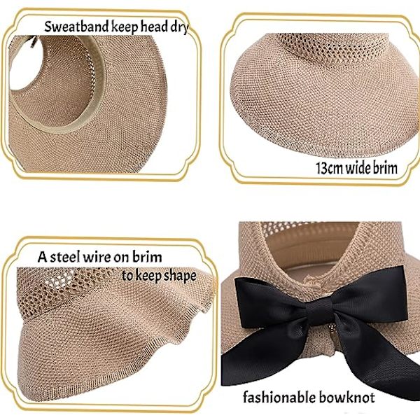 Kvinners Solskjerm Bred Bremskjerm Solhatt UV-beskyttelse Strandhatt Rullbar Foldbar Tom Topphatt Hestehale Baseballcaps med Sløyfe (Khaki)