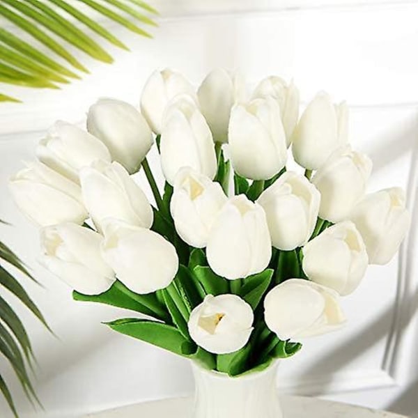 20 stk hvide 14" kunstige tulipaner Blomster Real-Touch falske tulipaner til fest hjemmedekoration