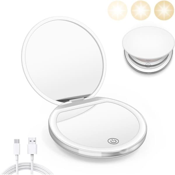Lommespejl med LED-ringlys, USB-opladningskabel, 2x forstørrelse, vendbart, foldbart, elfenbenshvidt.