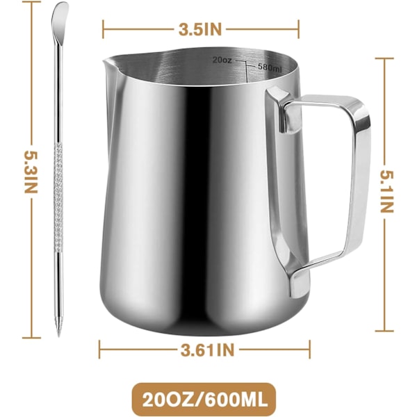 Mælkeskumningskande 590 ml, Metal Barista Espresso Kande til Cappuccino Latte og Espresso, 304 Rustfrit Stål Kaffe Værktøj Kop 600 ml 600ml