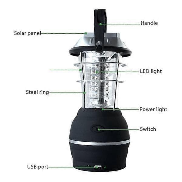 IC Solcellelykt, ultra sterk LED-campinglykt, 2 justerbare lysmoduser, 5 lademetoder, med håndsveivdynamo, lang