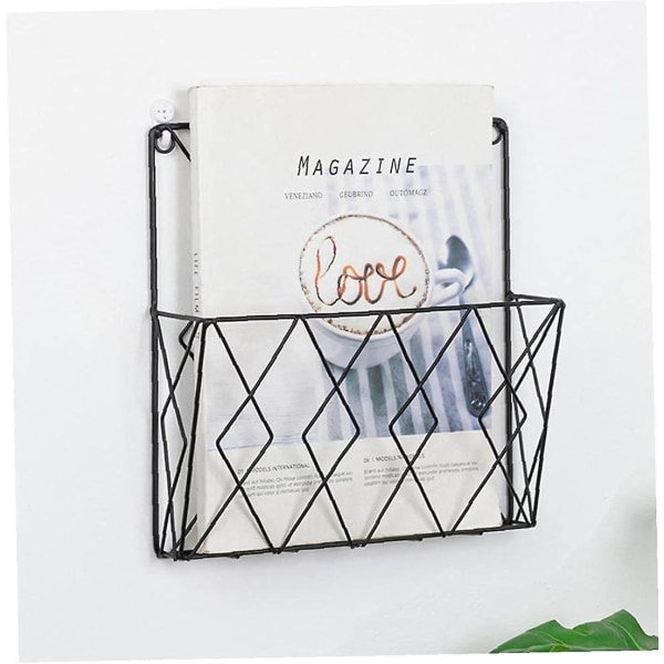 Vægmonteret magasinstativ, sort tråd metalkurv dekorativt stativ